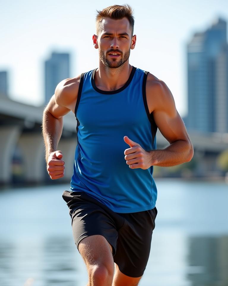 A man running in the WattleFlex Docklands Runner Singlet.