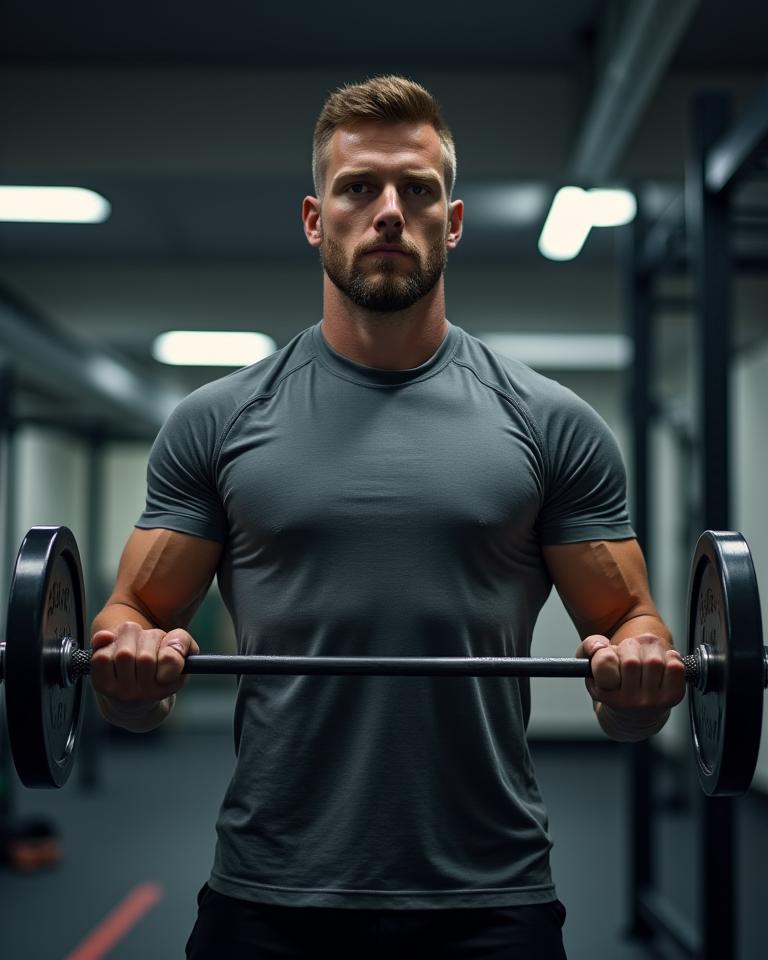 A man lifting weights in the WattleFlex Grampians Training Tee.